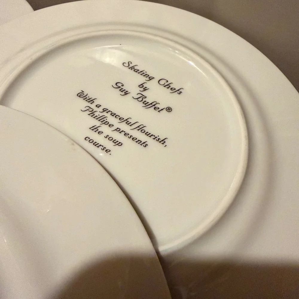 Guy Buffet Salad Plates Skating Chefs Whimsical Kitchen Set of 6 White multi